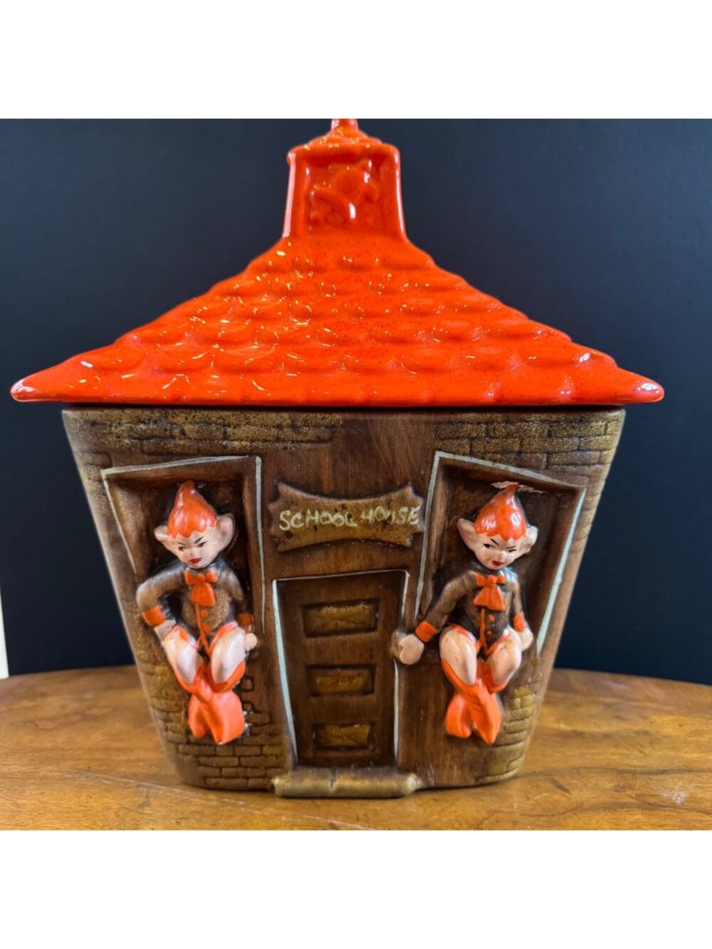 Vintage 1970s Gilner Pixie Elf School House Cottage Cookie Jar Orange Brown